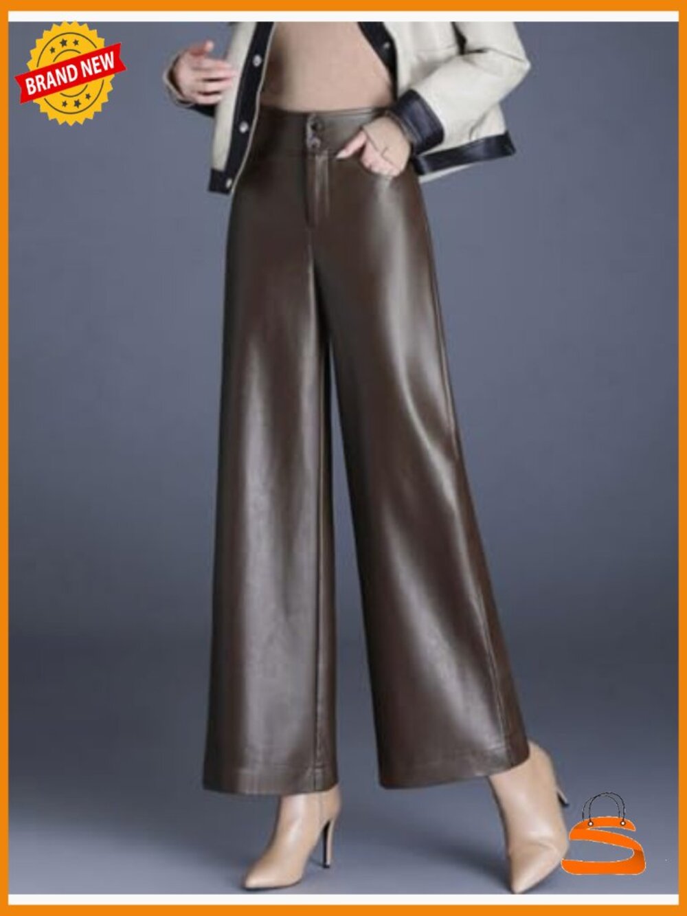 High Waist Wide Leg Faux Leather Pants Women's Loose Fit Palazzo - Picture 2 of 3